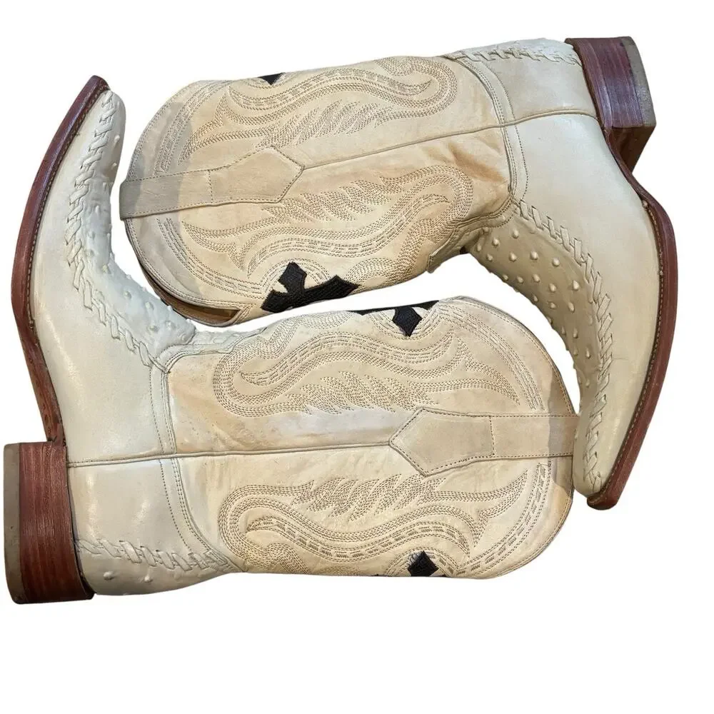 Vintage Aguila Real Ostrich Leather Cowboy Boots US 10 Exotic Pointed Toe Cream